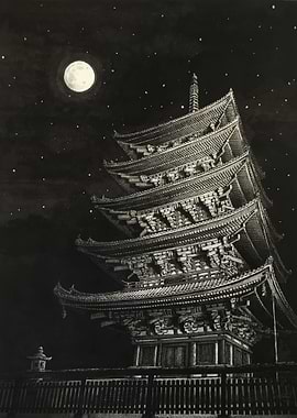 'Full Moon Over Lighted Kofukuji Pagoda' pen and ink o ...