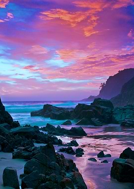Photo enhanced rugged Oregon coast sunset in magenta, b ...