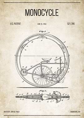 Monocycle U.S. Patent #521,786 on old paper.