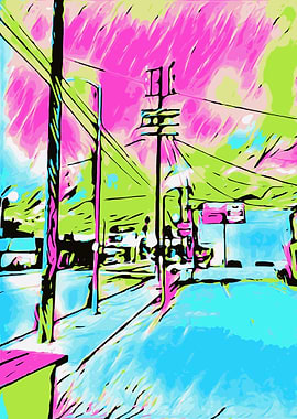 drawing and painting blue city with pink and green sky
