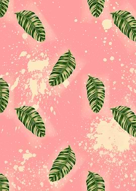 Green leaves pattern on a pink background with splatter ...