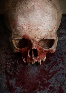 Male skull with bloody spots on rusty metal surface