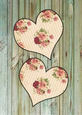 Two hearts with roses motive on rustic green mottled wo ...