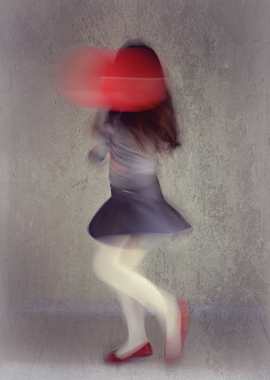 Little girl with red balloon dance in the room