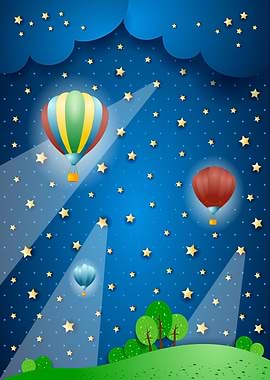 Surreal landscape with hot air balloons