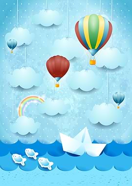 Surreal seascape with hanging clouds and hot air balloo ...