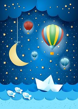 Surreal seascape by night with hot air balloons and han ...