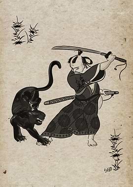Samurau fighting a panther (on an old paper).