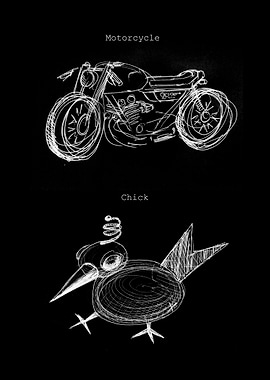 A doodle of a motorcycle and a chick.