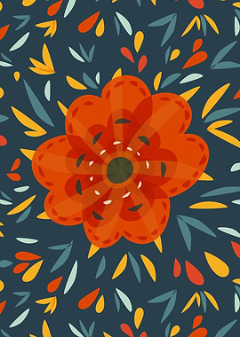 Colorful orange flower art print with a whimsical illus ...