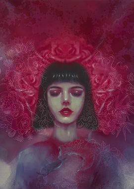 Painting of japanese girl with red roses, watercolor te ...