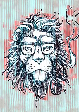 Hand drawn illustration or drawing of a hipster lion wi ...