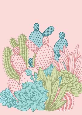 Succulents drawing over pale pink. Pastel colors, cute ...