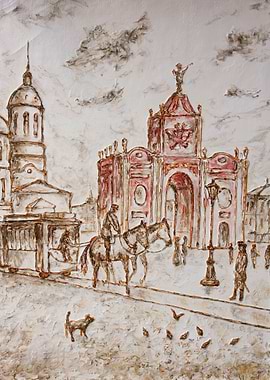 central plaza monochrome original painting on canvas - ...