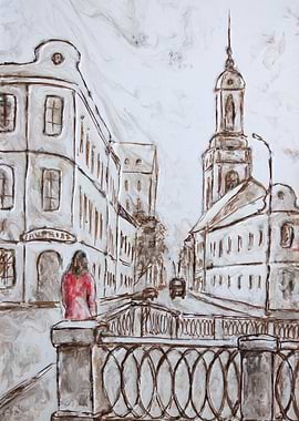 woman in red dress waiting her love on bridge in moscow ...