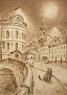 urban scene monochrome original painting on canvas, mos ...