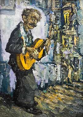 guitar player street musician, original oil painting on ...