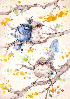 'Family Life (Blue Fairy Wrens)' Water Colour Art