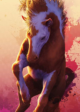 Painting of a horse jumping with an abstract background ...