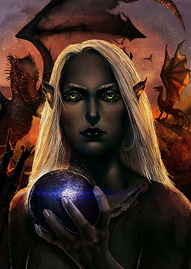 A digital painting of a dark elf holding a magical, mys ...