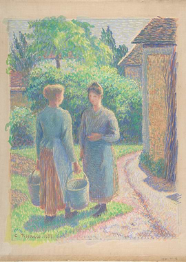 Camille Pissarro - Two Women in a Garden, 1888, gouache ...