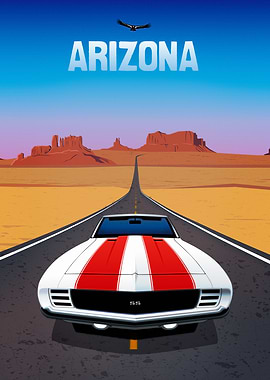 A classic muscle car driving on Route 66 in Arizona. Do ...