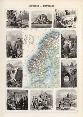 Norway & Sweden vintage map - 1863