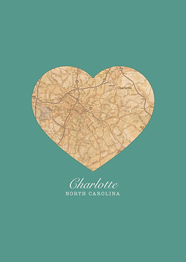 Charlotte North Caro City Heart Vintage Street Map