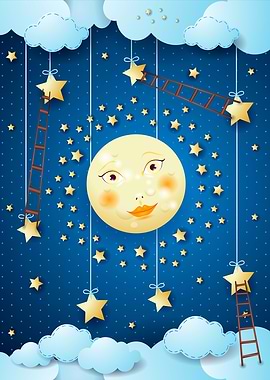 Surreal night with moon and ladders, vertical