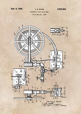 patent art Davis 1935 Automatic Fire hose reel