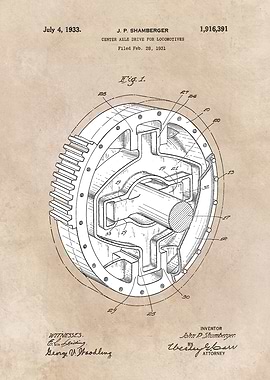 patent art Shamberger 1933 Center axle drive...