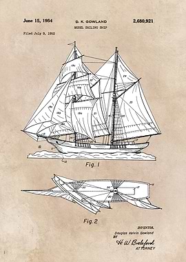 patent art Gowland 1954 Model sailing ship