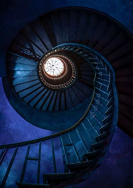 Blue spiral abandoned staircase