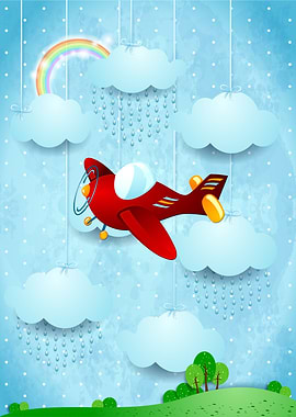 Red vintage airplane on fantasy landscape