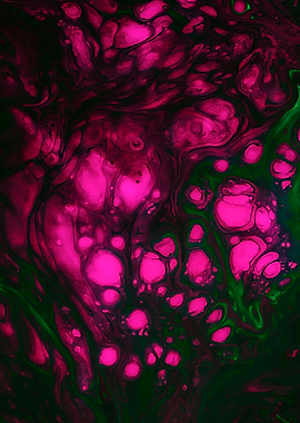 An abstract painting in pink and green colors.