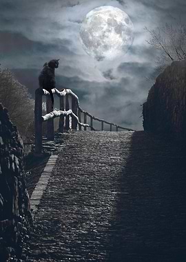Balck cat under the moon