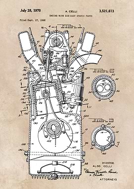 patent art Celli 1970 Engine with die cast static