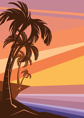 fantasy tropic ocean sunset with palms