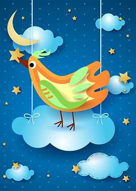 Surreal sky with clouds and bird