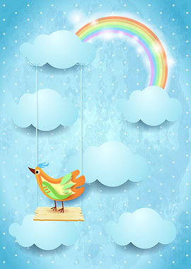 Surreal sky with swing and colorful bird