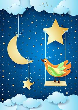 Surrreal night with swing and bird