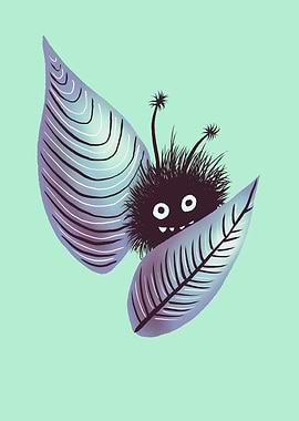 Cute Hairy Creature Hidden In Leaves - Digital Art
