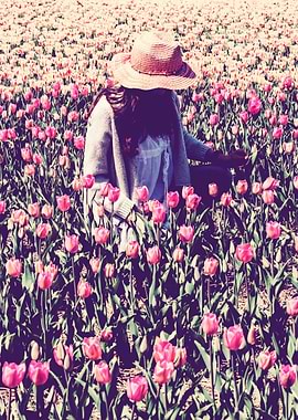 Girl in Pink Hat in Field of Flowers: Pink Tulips