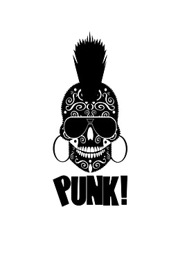 Punk skull icon with Mohawk and text, vector illus
