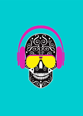 Skull icon with headphones and sunglasses