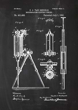 1890 Reciprocating Electric Engine -Patent Drawing