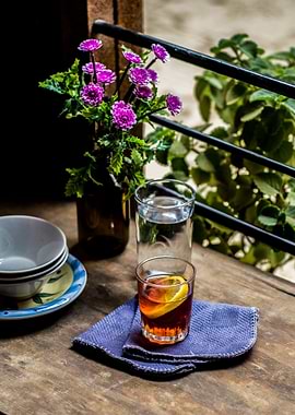 tea on a table with flower