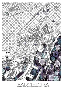 barcelona city map floral