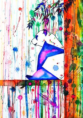 Panda in the Rainbow Rain