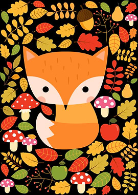 Cute Fox And Autumn Leaves